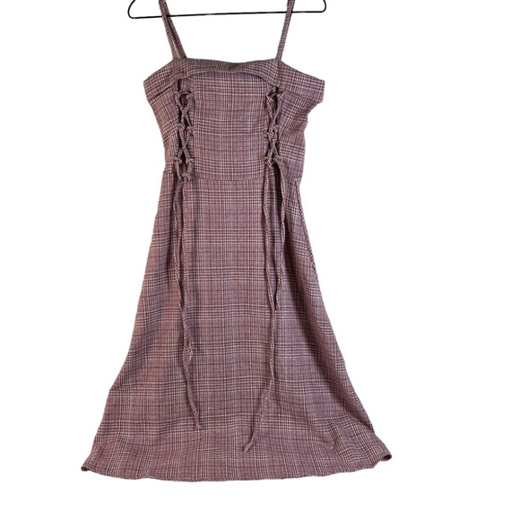 Hoi Sing Hansion Dresses & Skirts - Hoi Sing Hansion Tweed A Line Dress Pink Plaid Lace Up Midi Spaghetti Strap S